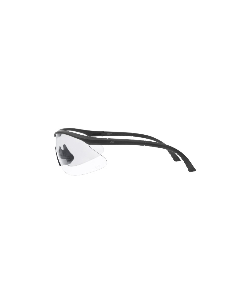 Side profile of Fastlink ballistic glasses showing the ergonomic frame and 99.9% UVA/UVB/UVC protection.