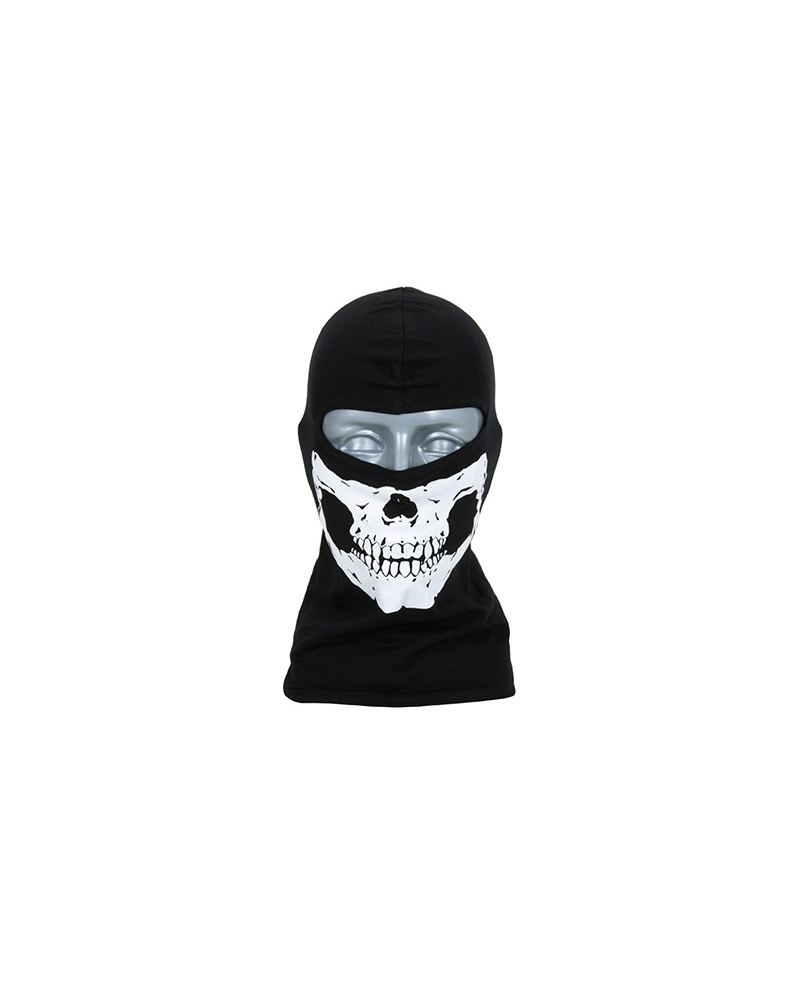 Black 8FIELDS balaclava with white skull mask print, front view.