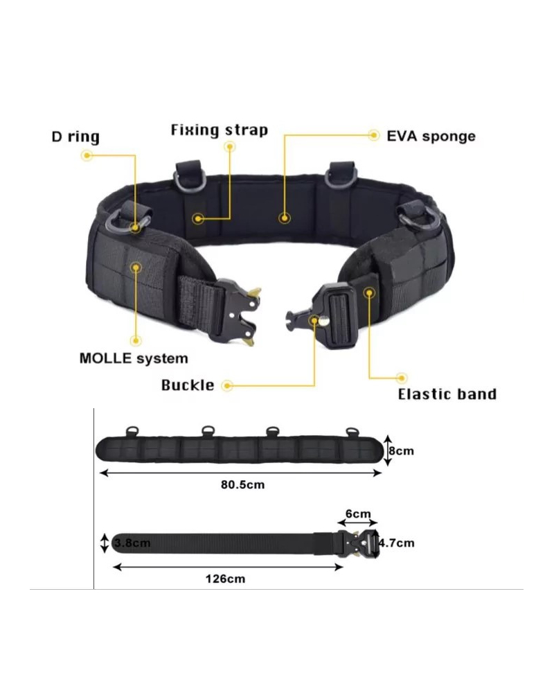 Technical diagram of Molle war belt: D-rings, EVA sponge padding and sizing details