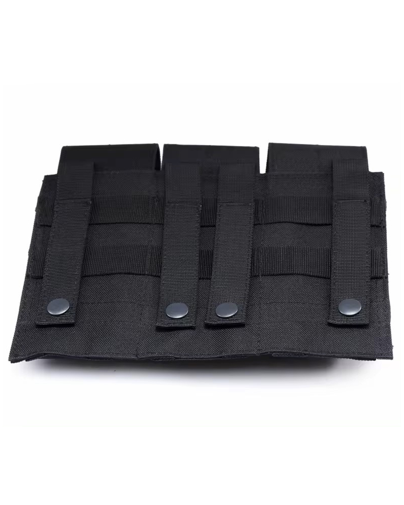 Rear view of black triple magazine pouch with reinforced Molle straps for tactical vests