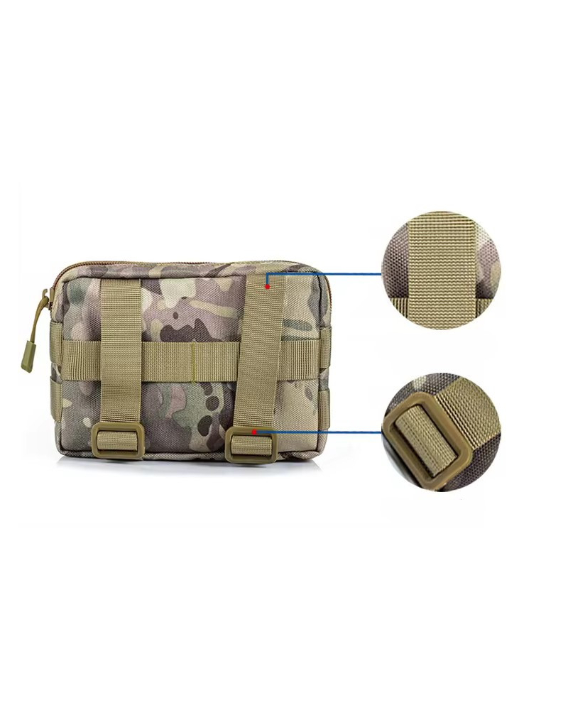 Molle attachment system with reinforced straps on black tactical accessory pouch