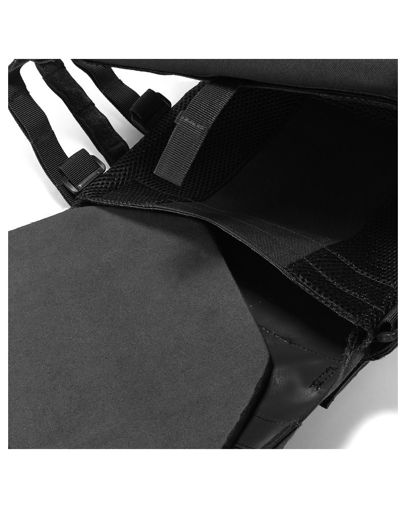 Ballistic plate pocket on black Cordura tactical vest