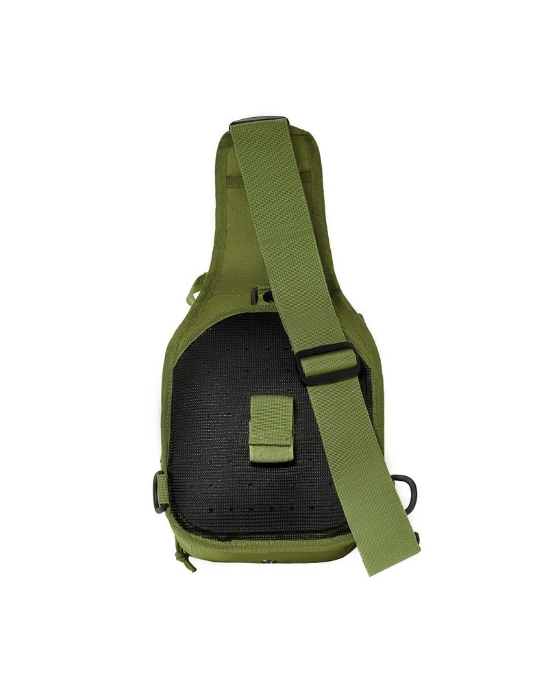 Rear view of olive green chest pack with padded shoulder strap and D-ring attachments