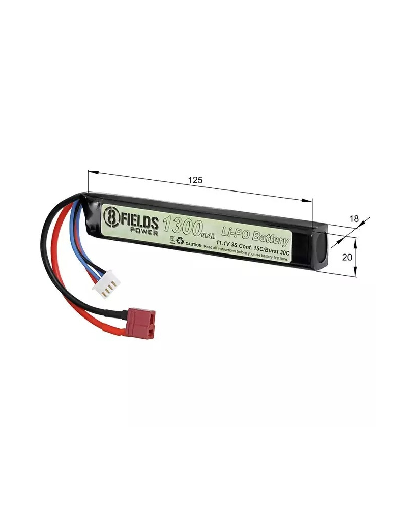 Διαστάσεις μπαταρίας Li-Po 1300mAh 11.1V με αναγραφή μήκους και πλάτους για έλεγχο συμβατότητας.