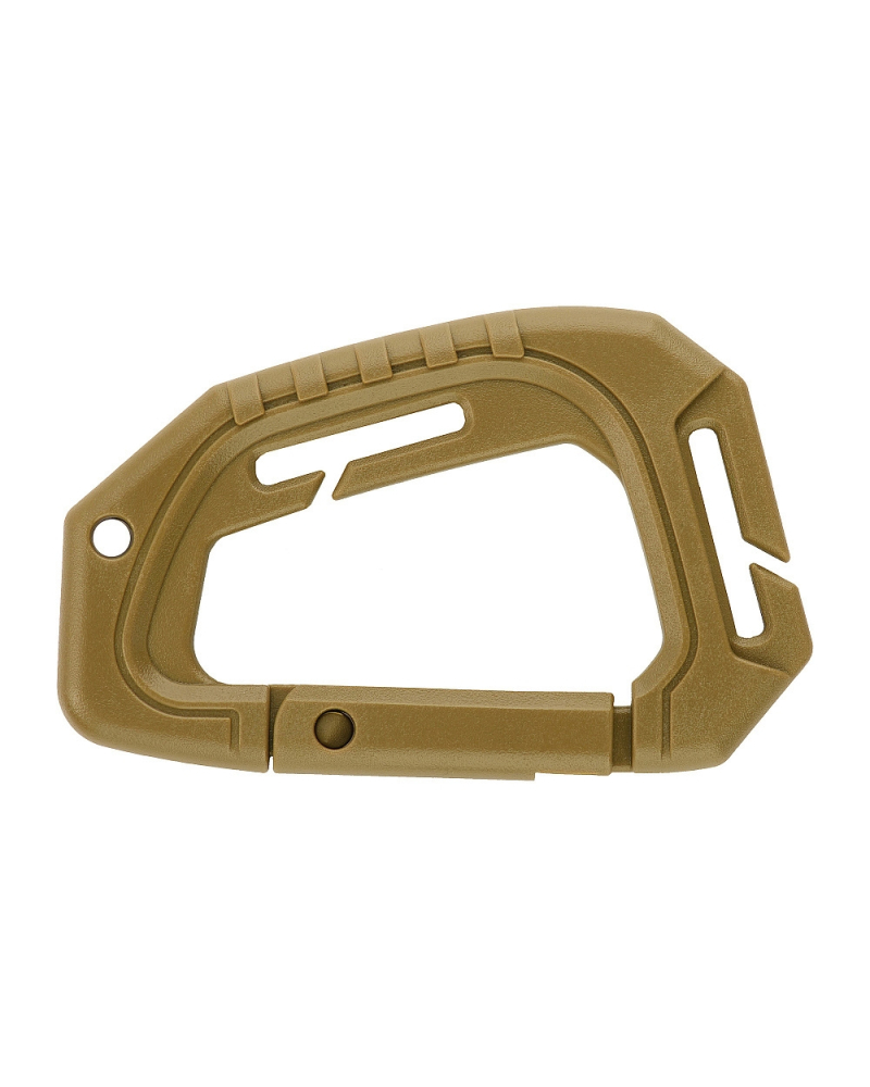 Side view of the Tan M-Tac tactical carabiner featuring an ergonomic design for easy glove use.