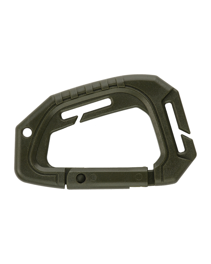 Side view of the green M-Tac tactical carabiner featuring an ergonomic design for easy glove use