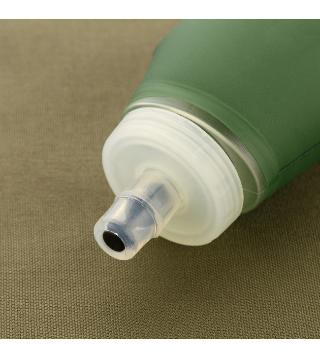 Close-up of the high-flow bite valve on the M-Tac soft flask for leak-proof, quick hydration