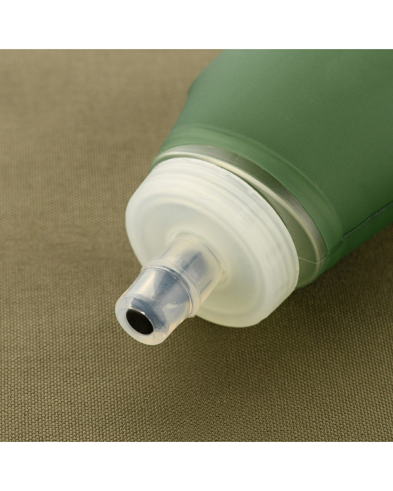 Close-up of the high-flow bite valve on the M-Tac soft flask for leak-proof, quick hydration