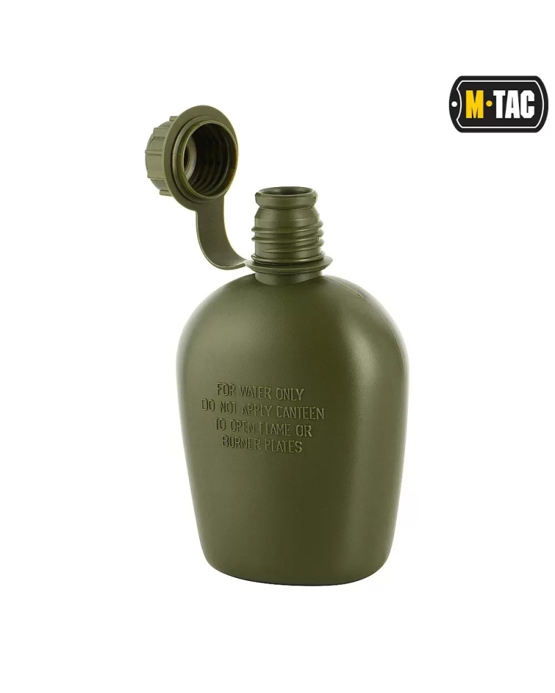 Close-up of M-Tac 1L canteen opening and secure tethered cap for easy filling and cleaning.