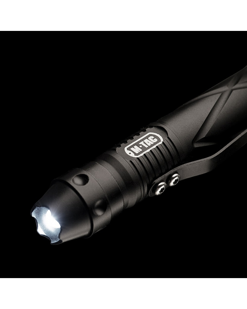 Close up of built-in LED flashlight on M-Tac Type 4 tactical pen.